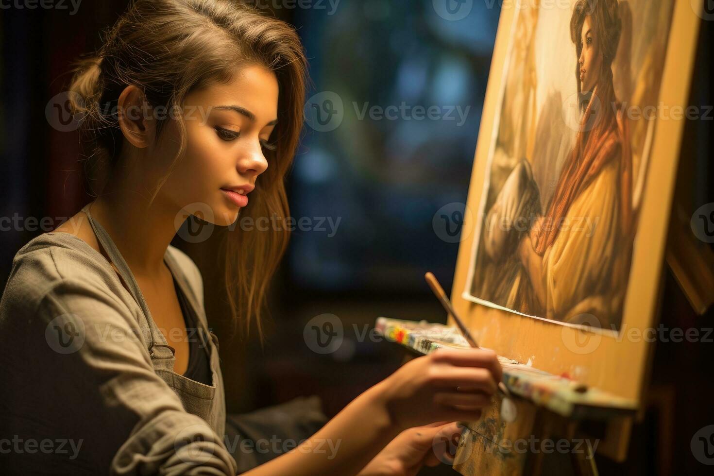 une Jeune femme artiste passionnément La peinture sur une toile. génératif ai photo