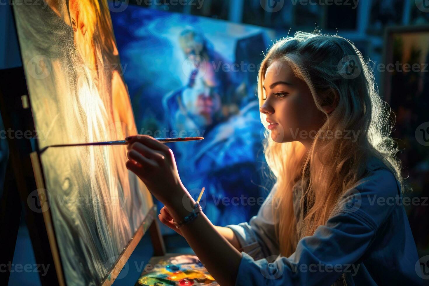 une Jeune femme artiste passionnément La peinture sur une toile. génératif ai photo