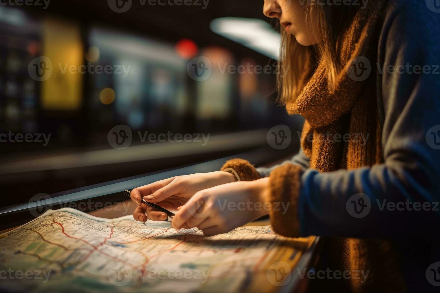 une proche - en haut coup de une femme en portant une métro carte dans sa mains, en train d'étudier le itinéraires et Planification sa voyage. génératif ai photo