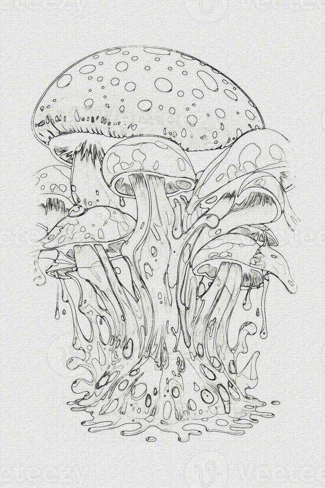 une dessiné à la main esquisser de une champignon contour illustration sur blanc texture Contexte photo
