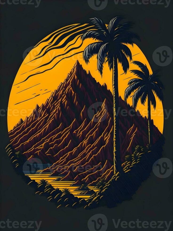 le coucher du soleil avec Montagne et paume des arbres Créatif illustration photo