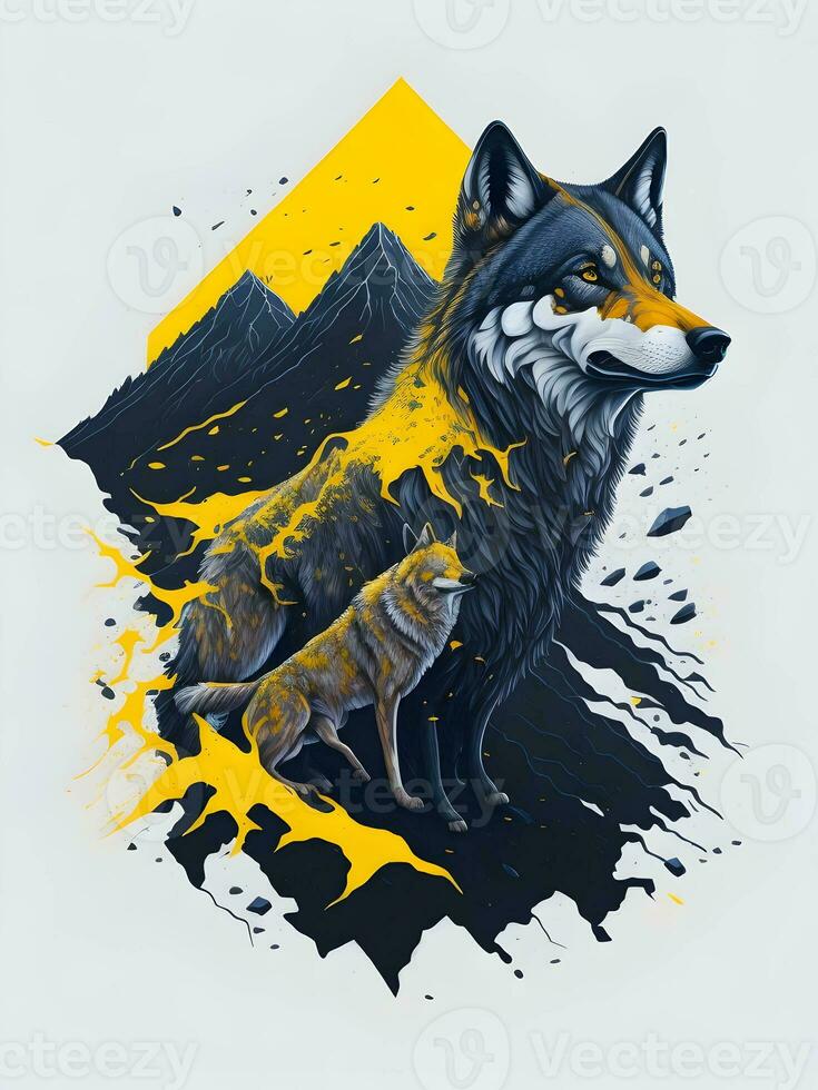 Loup avec Montagne et coloré neige illustration sur noir Contexte pour T-shirt conception photo