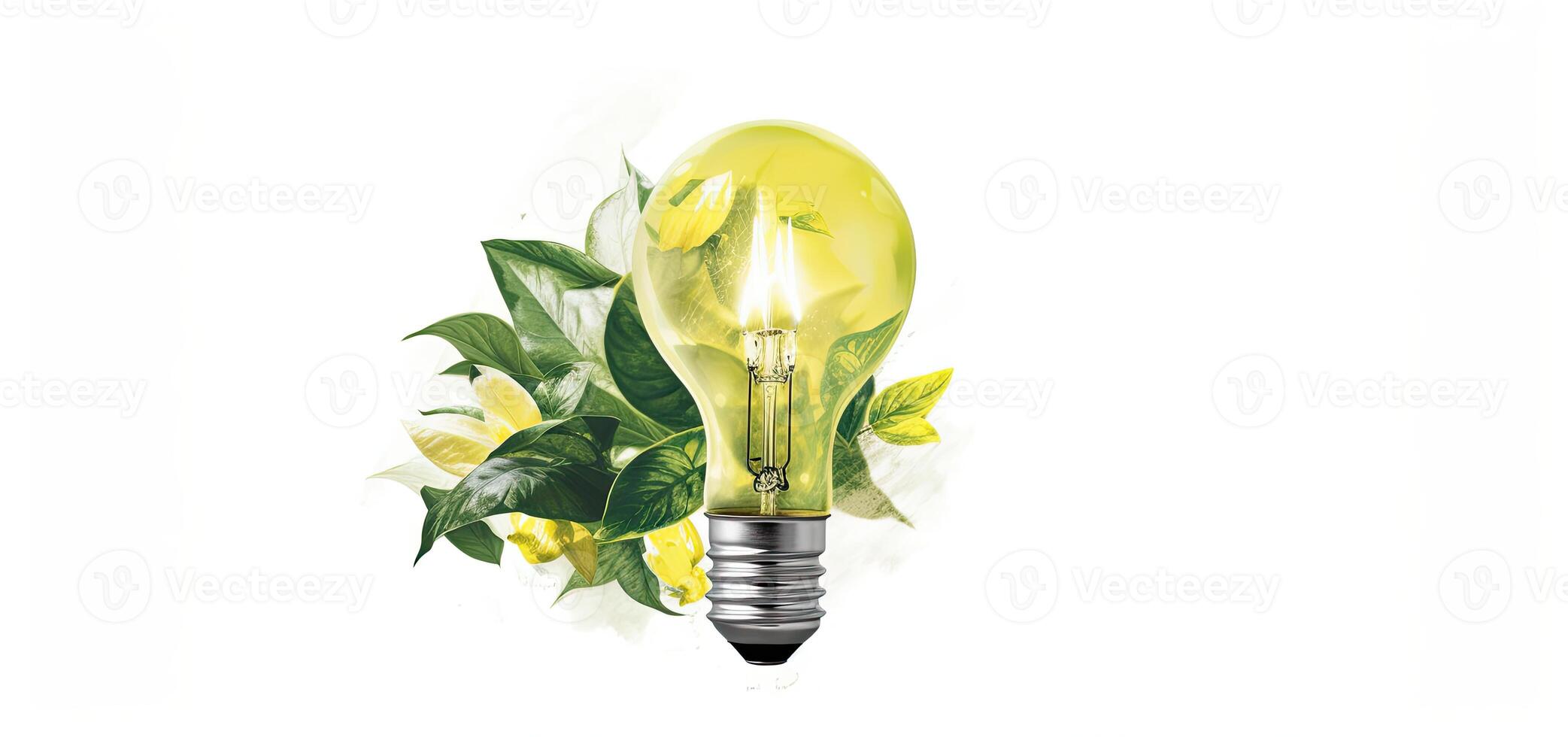 vert énergie concept avec lumière ampoule et vert feuilles. 3d le rendu, vert éco énergie concept avec lumière ampoule et plante ai génératif photo