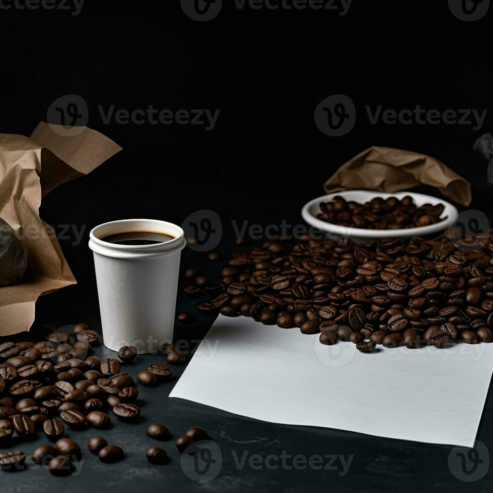 café et café des haricots sur noir Contexte ai génératif photo