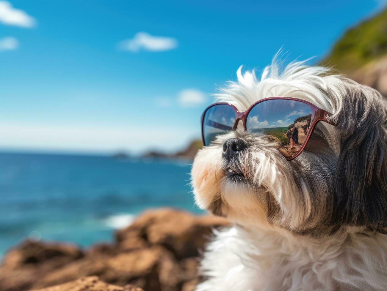 mignonne image de une shih tzu chien portant des lunettes de soleil à le plage photo