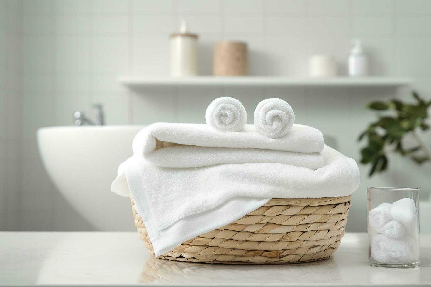 le du monde le plus doux les serviettes contre une minimaliste Contexte. empilés blanc les serviettes asseoir sur Haut de une savon plat dans une salle de bains. ai génératif photo