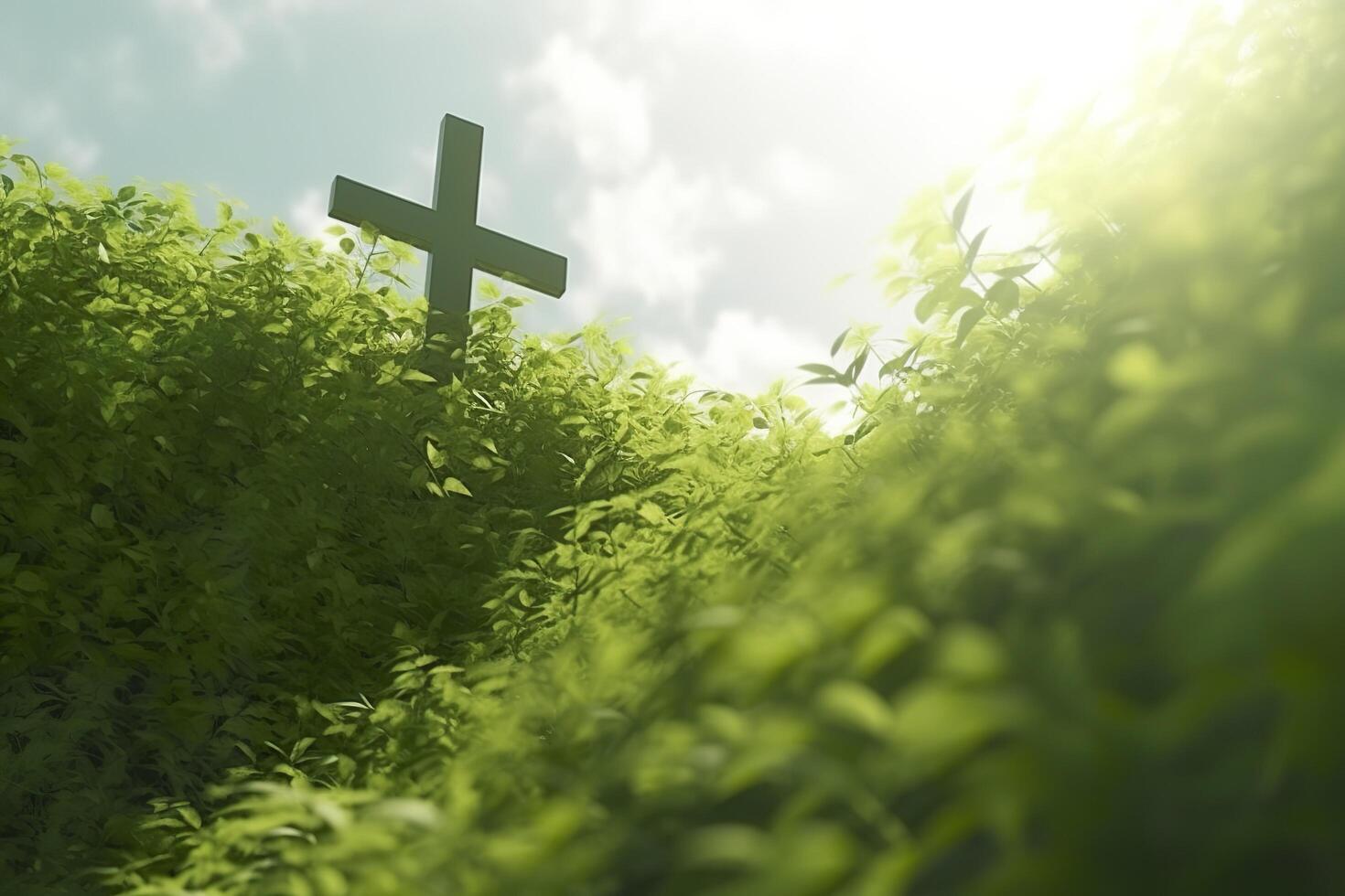 le traverser de Dieu avec vert feuille, dans le des rayons de le Soleil et bleu ciel. traverser sur le colline avec vert des arbres et vert Naturel voir. religieux concept, ai génératif photo