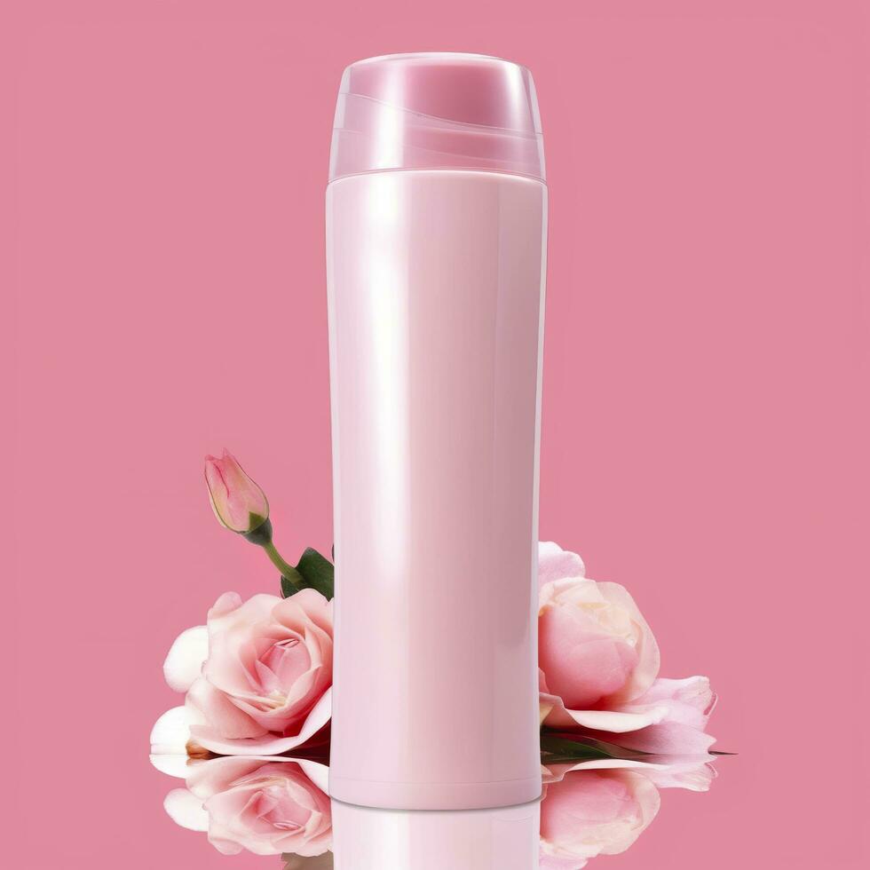 amazone produit image corps laver, cylindre bouteille solide Couleur rose arrière-plan, avec des roses, ai génératif photo