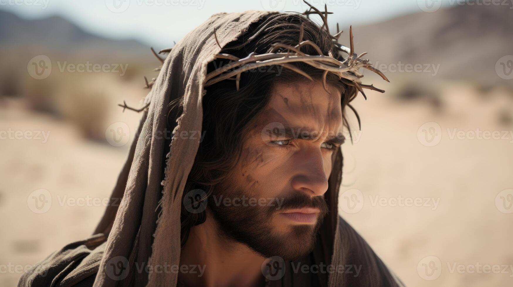 Jésus Christ dans le désert avec une couronne de les épines. ai généré photo