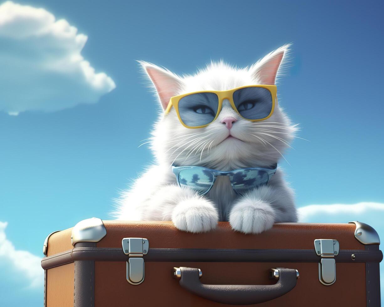 mignonne chat sur bleu valise avec des lunettes de soleil. ai génératif photo