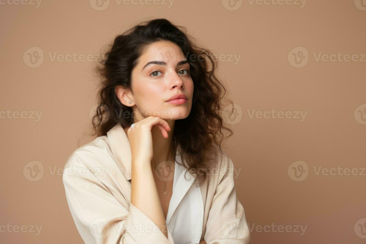 portrait de magnifique Jeune femme avec content et sur de soi visage sur studio Contexte. affaires concept. ai généré photo