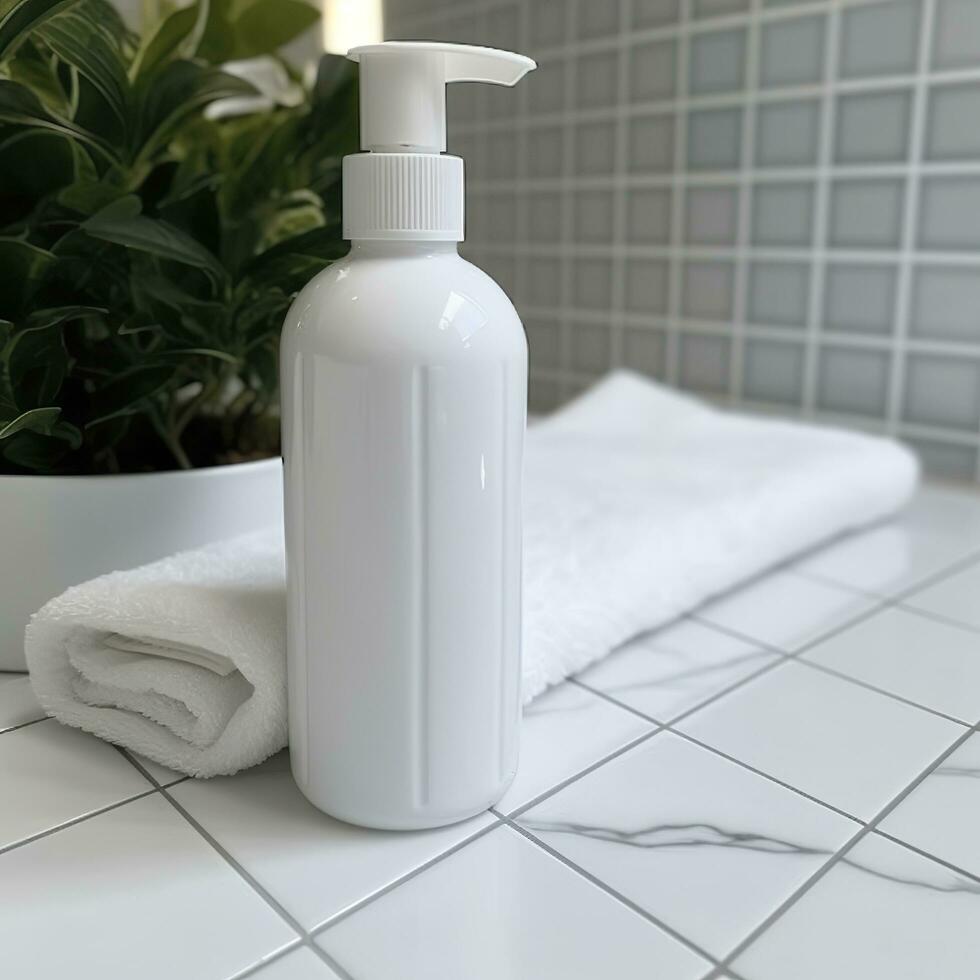 une blanc bouteille de shampooing des stands sur le table dans salle de bains. ai génératif photo