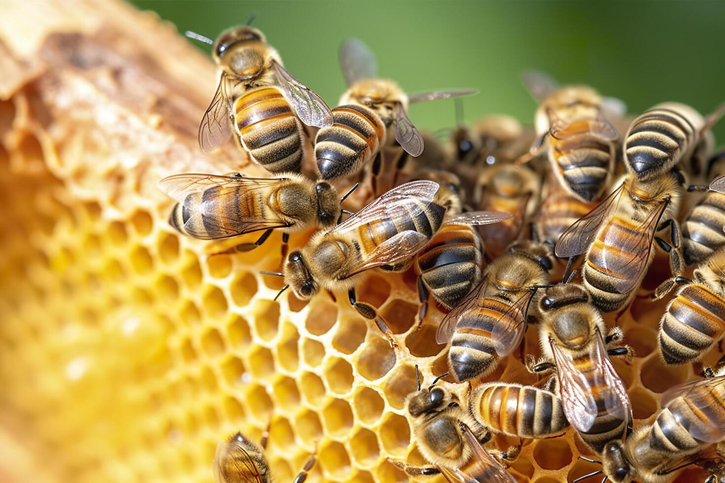 mon chéri les abeilles sur nid d'abeille dans rucher dans heure d'été, mon chéri les abeilles communiquer avec chaque autre, ai génératif photo