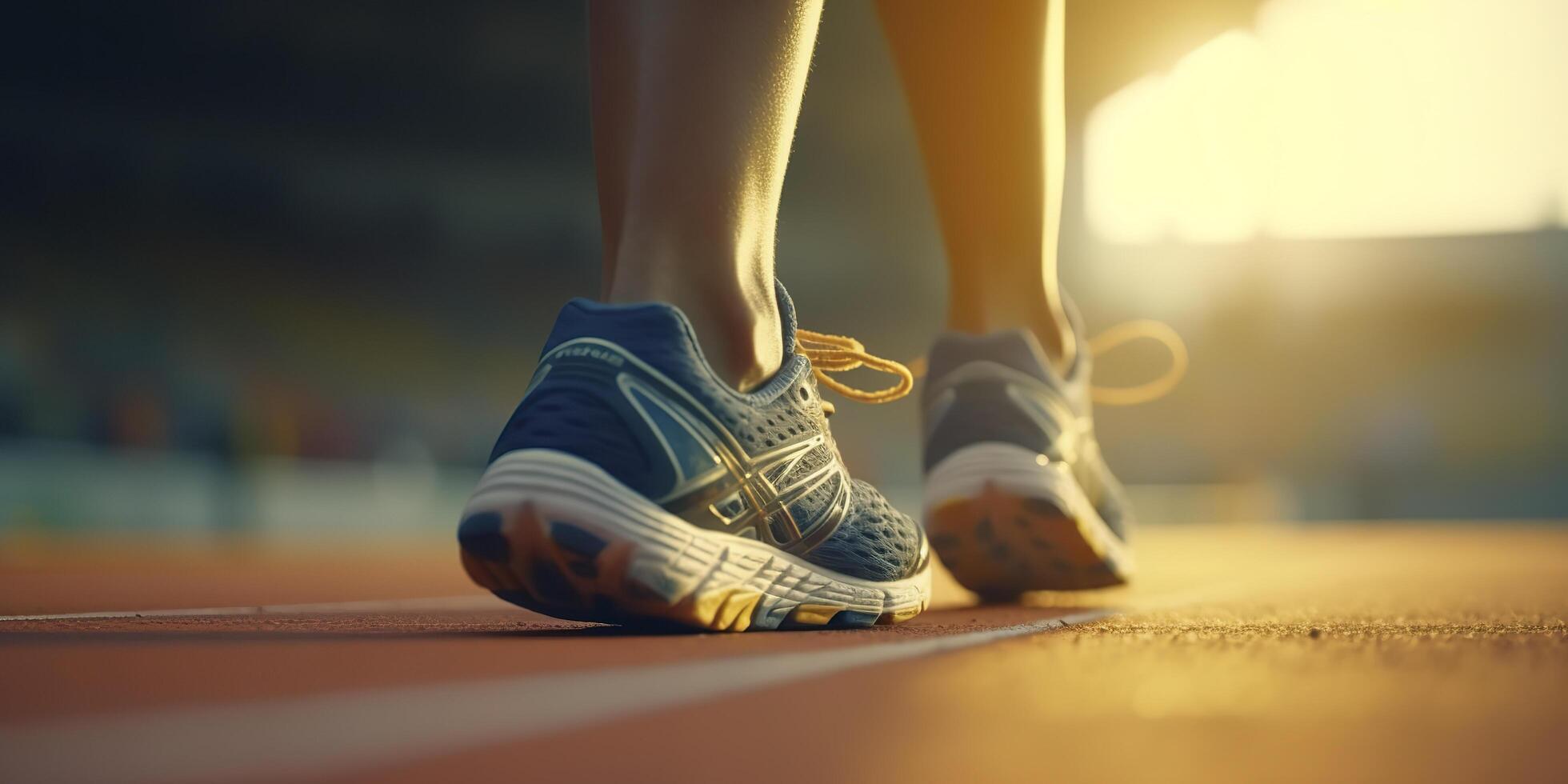 coureur pieds fonctionnement sur une stade, fermer sur pieds, des sports arrière-plan, espace pour copie, ai génératif photo