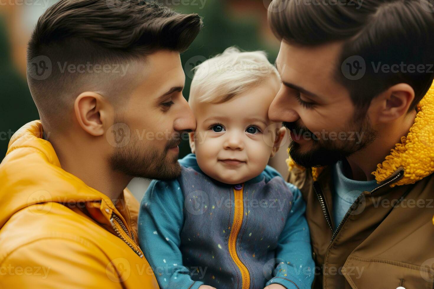 content gay couple avec bébé. lgbtq famille et relation. diversité, homosexualité. les partenaires avec non traditionnel sexuel orientation. sensuel moment. même sexe couple ayant enfant. génératif ai. photo