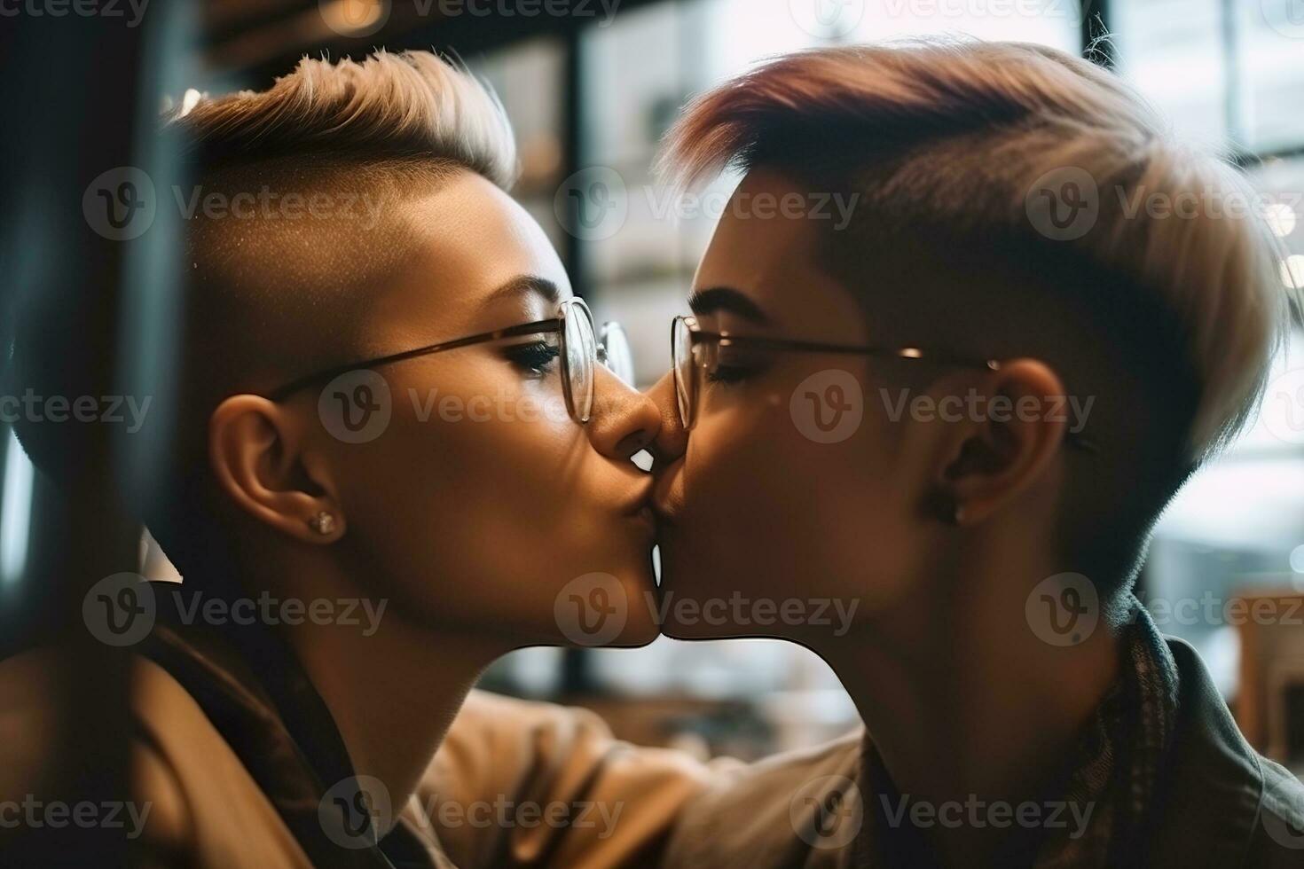 deux Jeune femmes dépenses temps ensemble, embrasser. lgbt, lesbienne couple, relation. diversité, homosexualité. les partenaires avec non traditionnel sexuel orientation. sensuel moment. génératif ai. photo