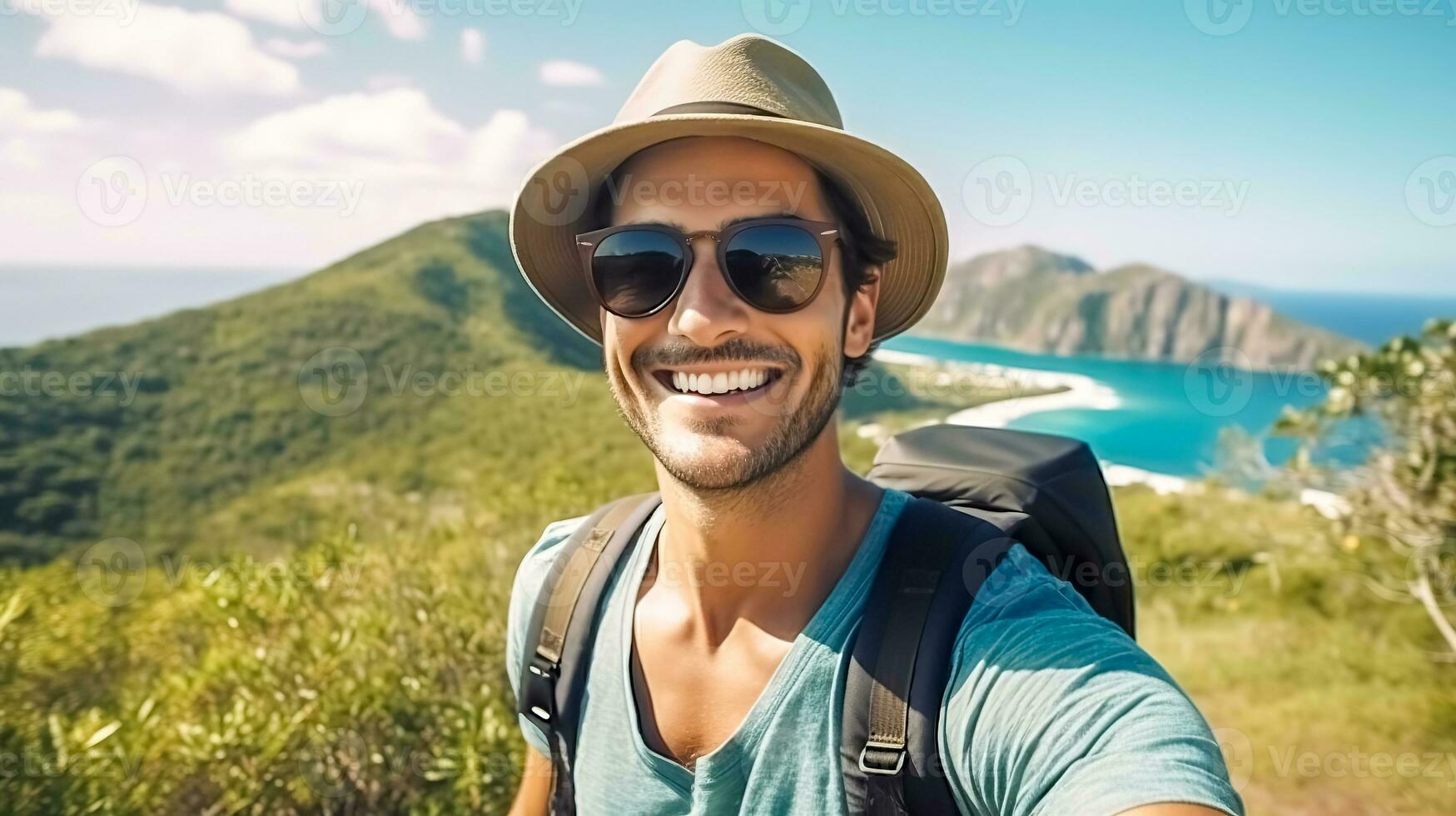 Jeune homme touristique dans des lunettes de soleil et chapeau prise selfie dans la nature par le Lac dans montagnes, fabriqué avec génératif ai photo