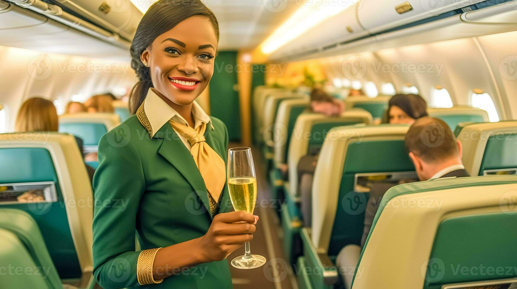 souriant hôtesse avec une verre de Champagne dans main sur planche le avion, fabriqué avec génératif ai photo