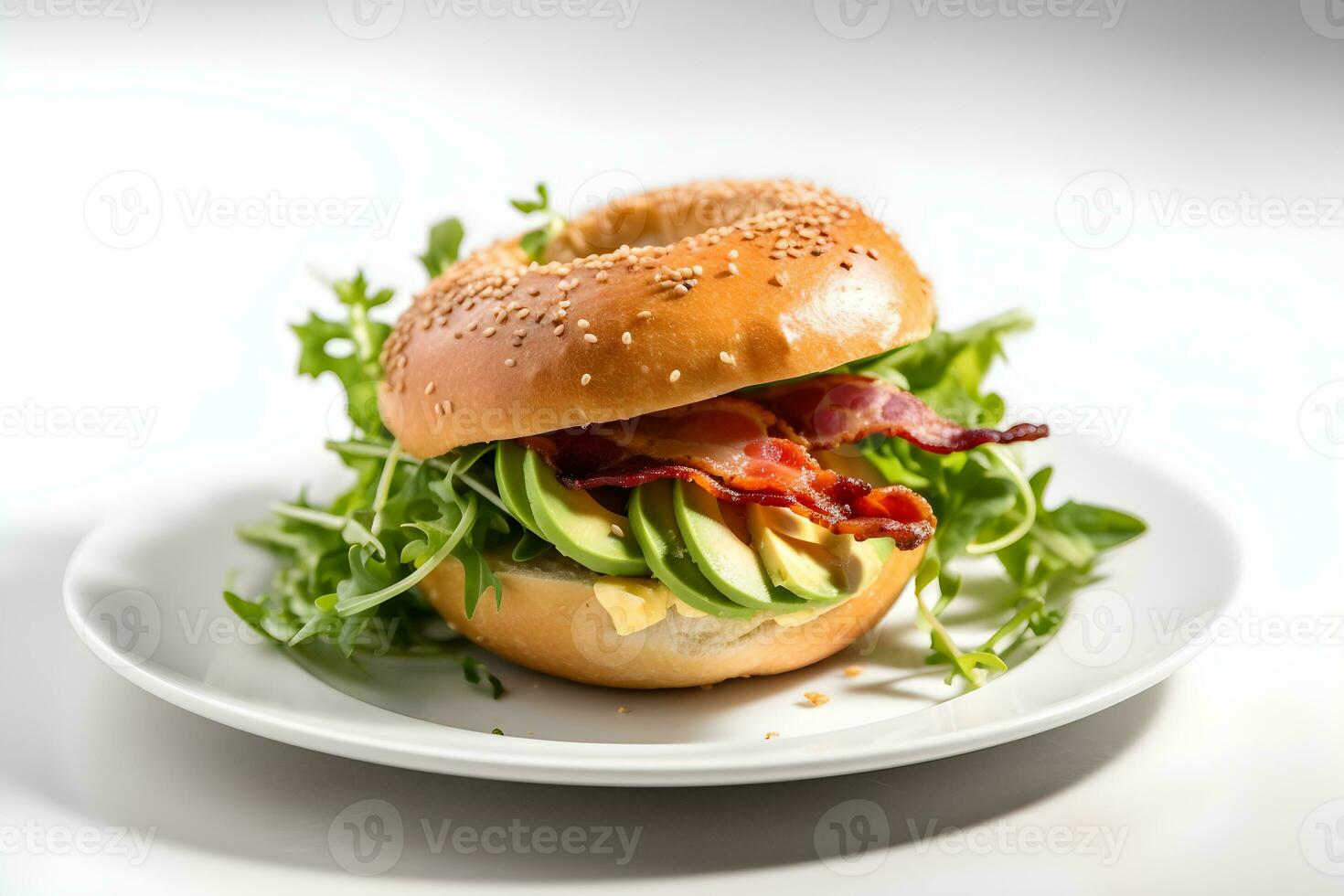 Frais beignet chignon avec bacon, Avocat et vert salade sur blanc tableau, lumière Contexte. copie espace. ai généré. photo