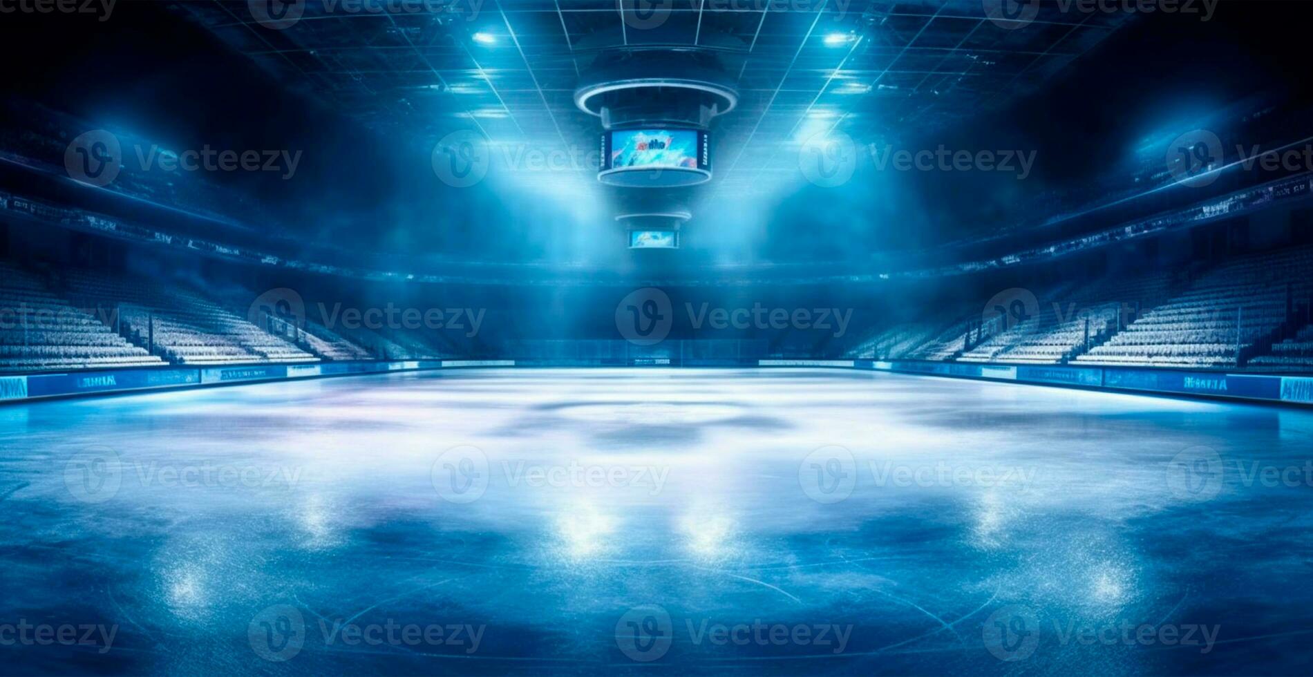 le hockey stade, vide des sports arène avec la glace patinoire, du froid Contexte avec brillant éclairage - ai généré image photo