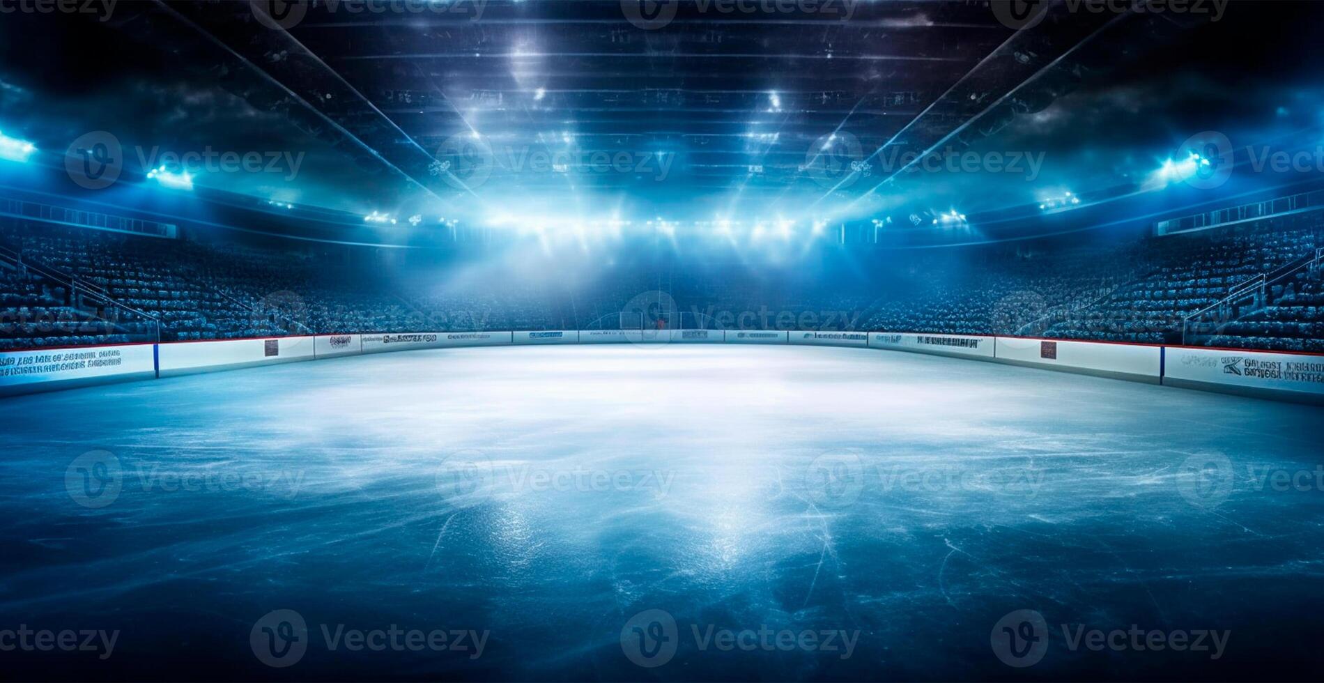 le hockey stade, vide des sports arène avec la glace patinoire, du froid Contexte avec brillant éclairage - ai généré image photo