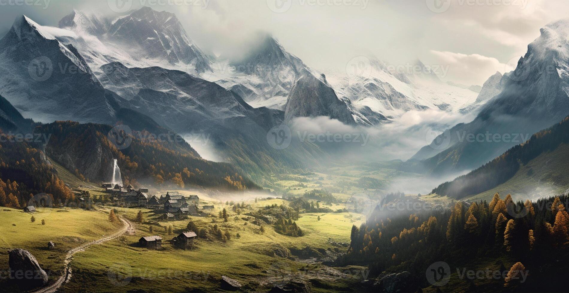 magnifique été brumeux paysage dans le montagnes de le Alpes, Voyage dans le montagnes - ai généré image photo