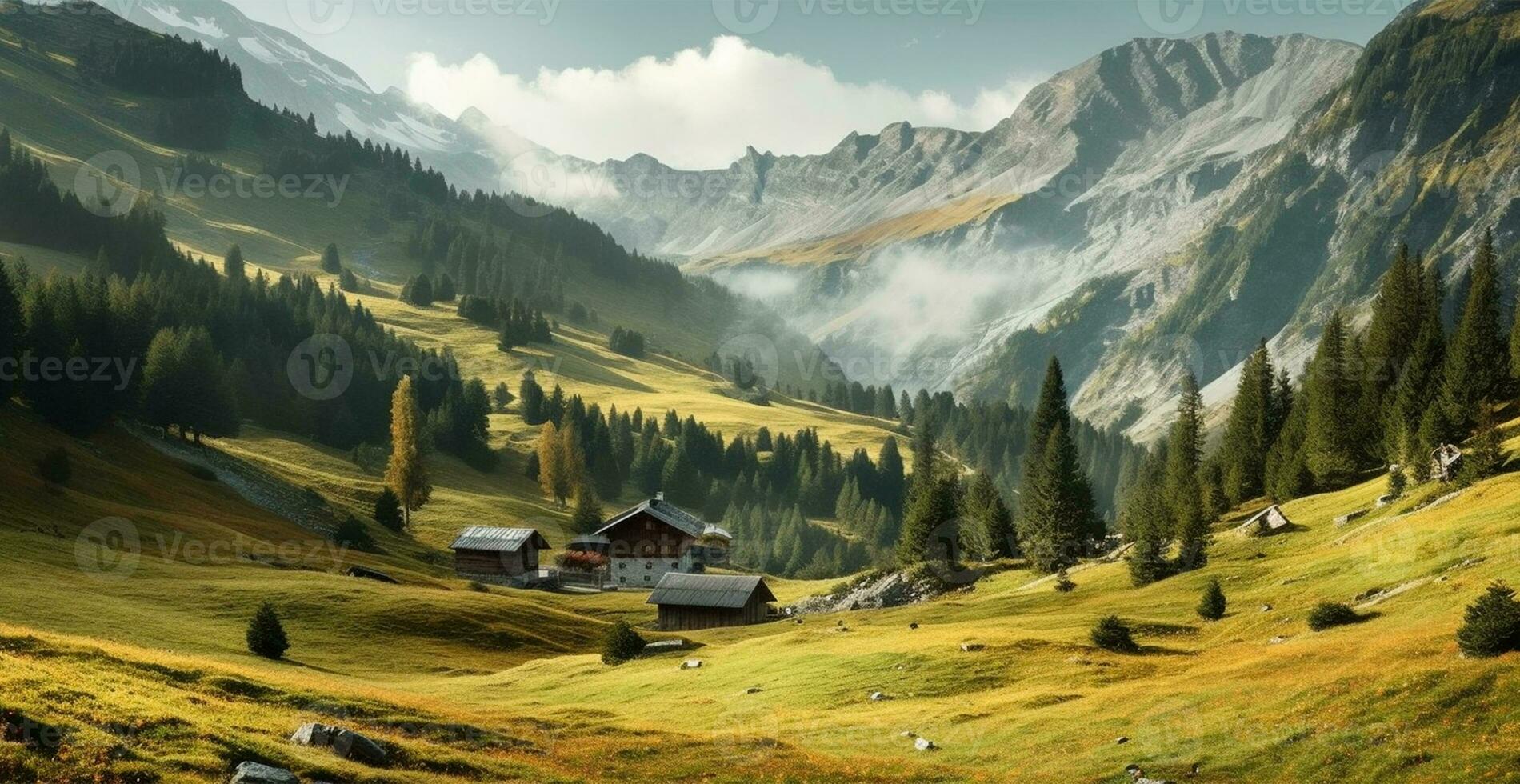 magnifique été brumeux paysage dans le montagnes de le Alpes, Voyage dans le montagnes - ai généré image photo