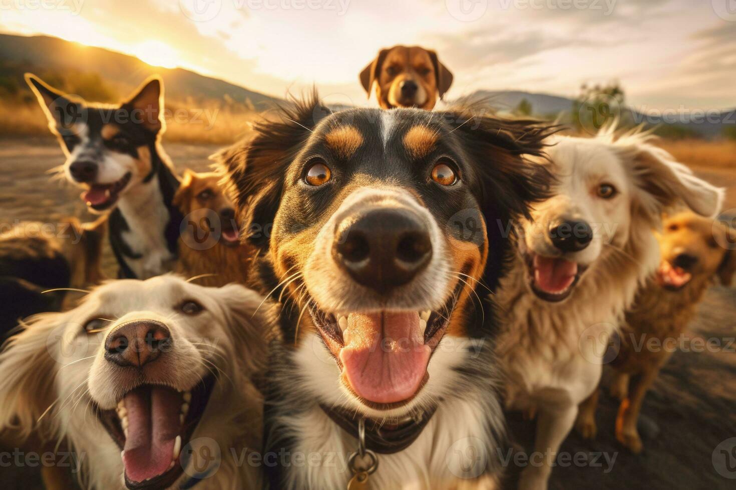 une groupe de chiens prise une selfie sur une flou Contexte. génératif ai photo