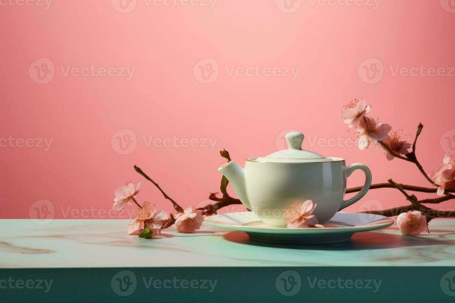 tasse de thé avec Sakura branche sur pastel Contexte. thé composition. génératif ai photo