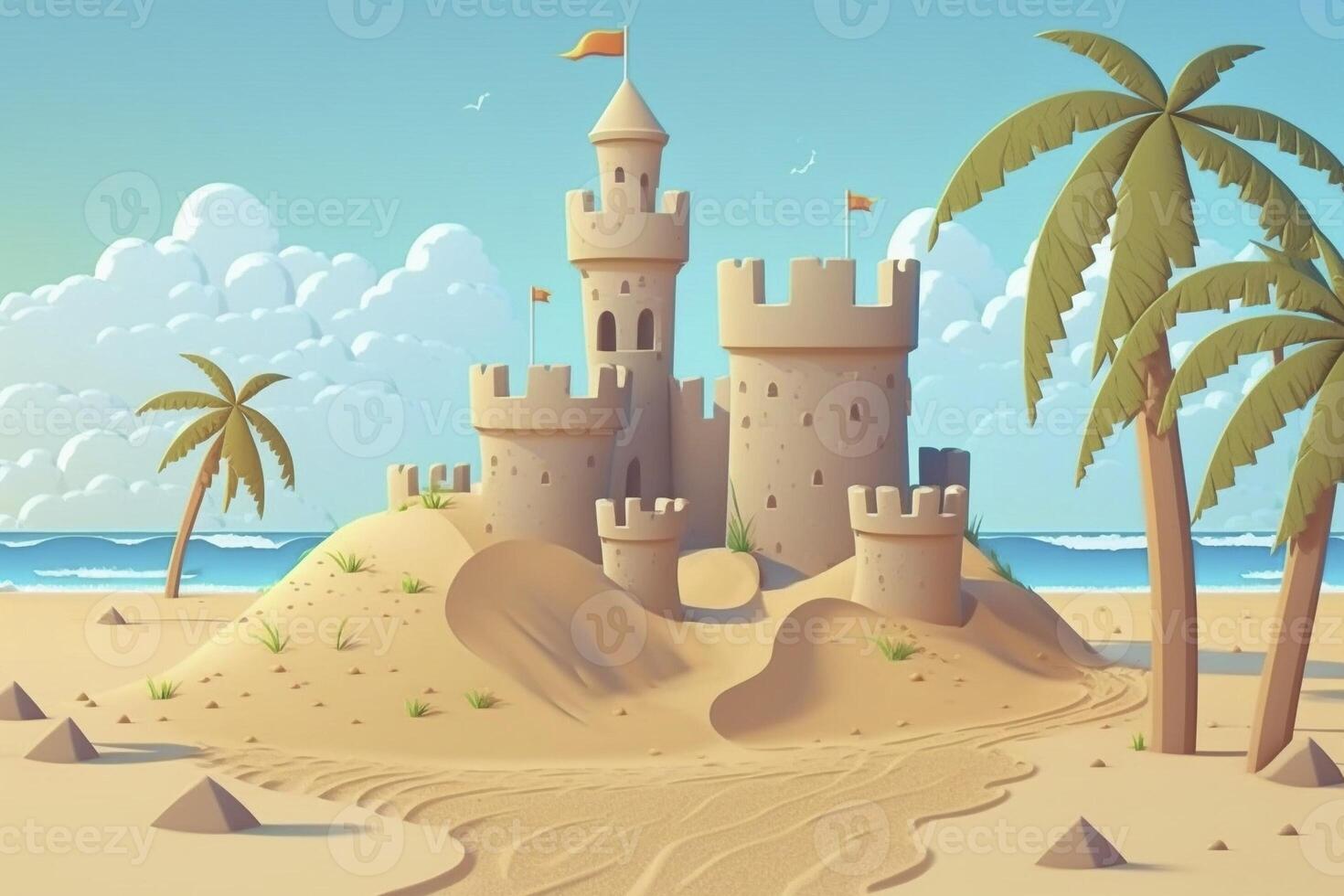 Illustration De Dessin Animé De Château De Sable Sur La Plage Avec