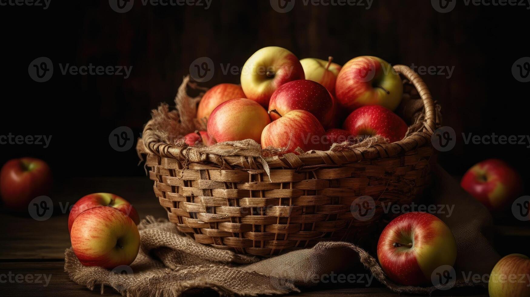 une bouquet de pommes dans une panier avec brouiller Contexte et parfait visualisation angle, ai génératif photo