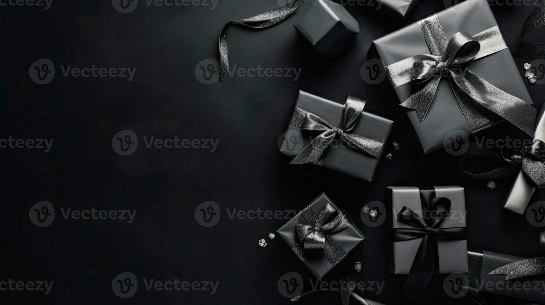 noir Vendredi vente bannière Contexte avec cadeau boîte et noir ruban sur noir arrière-plan, ai génératif photo