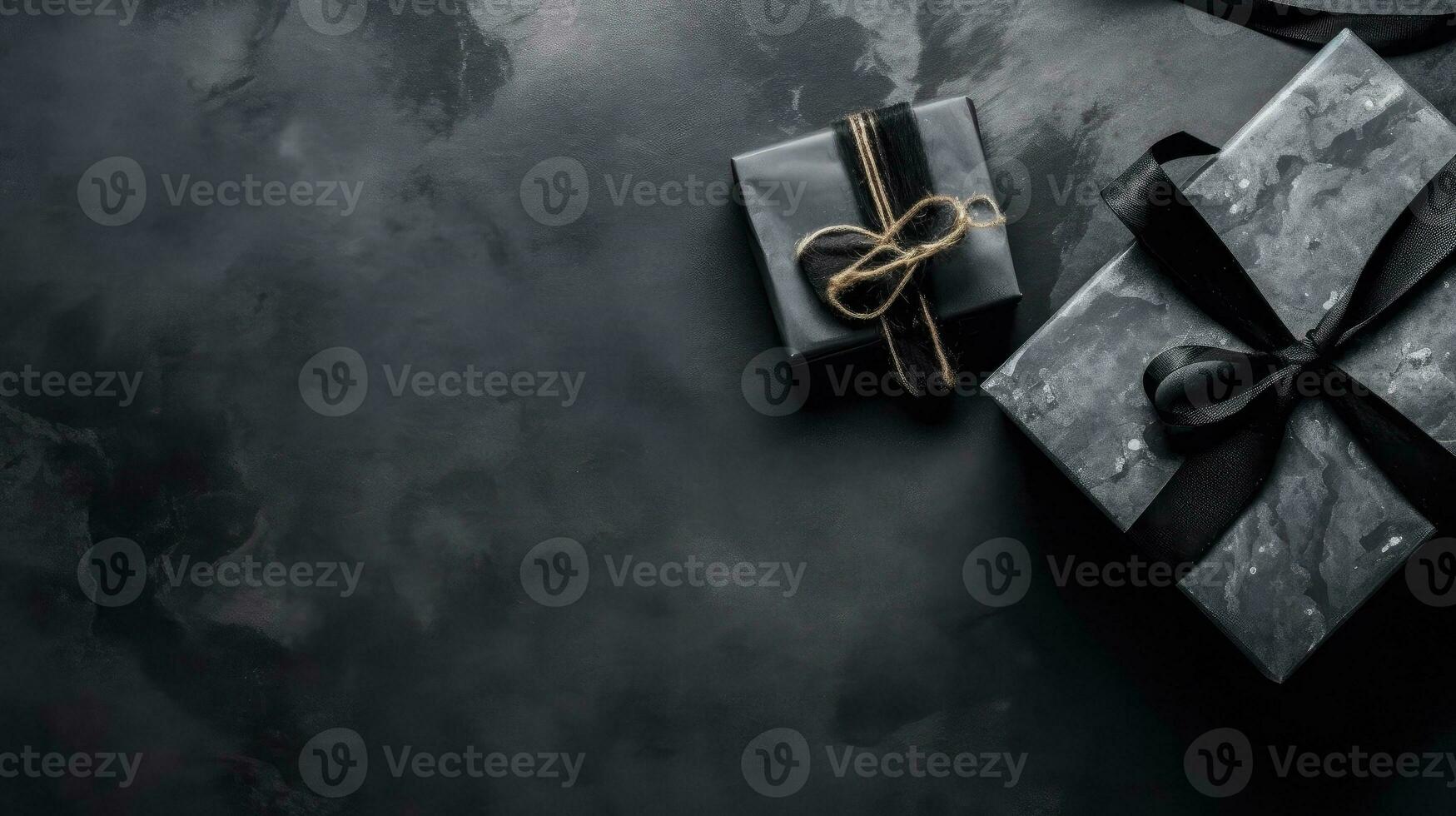 noir Vendredi vente bannière Haut vue concept conception de cadeau boîte et noir ruban sur noir arrière-plan, ai génératif photo