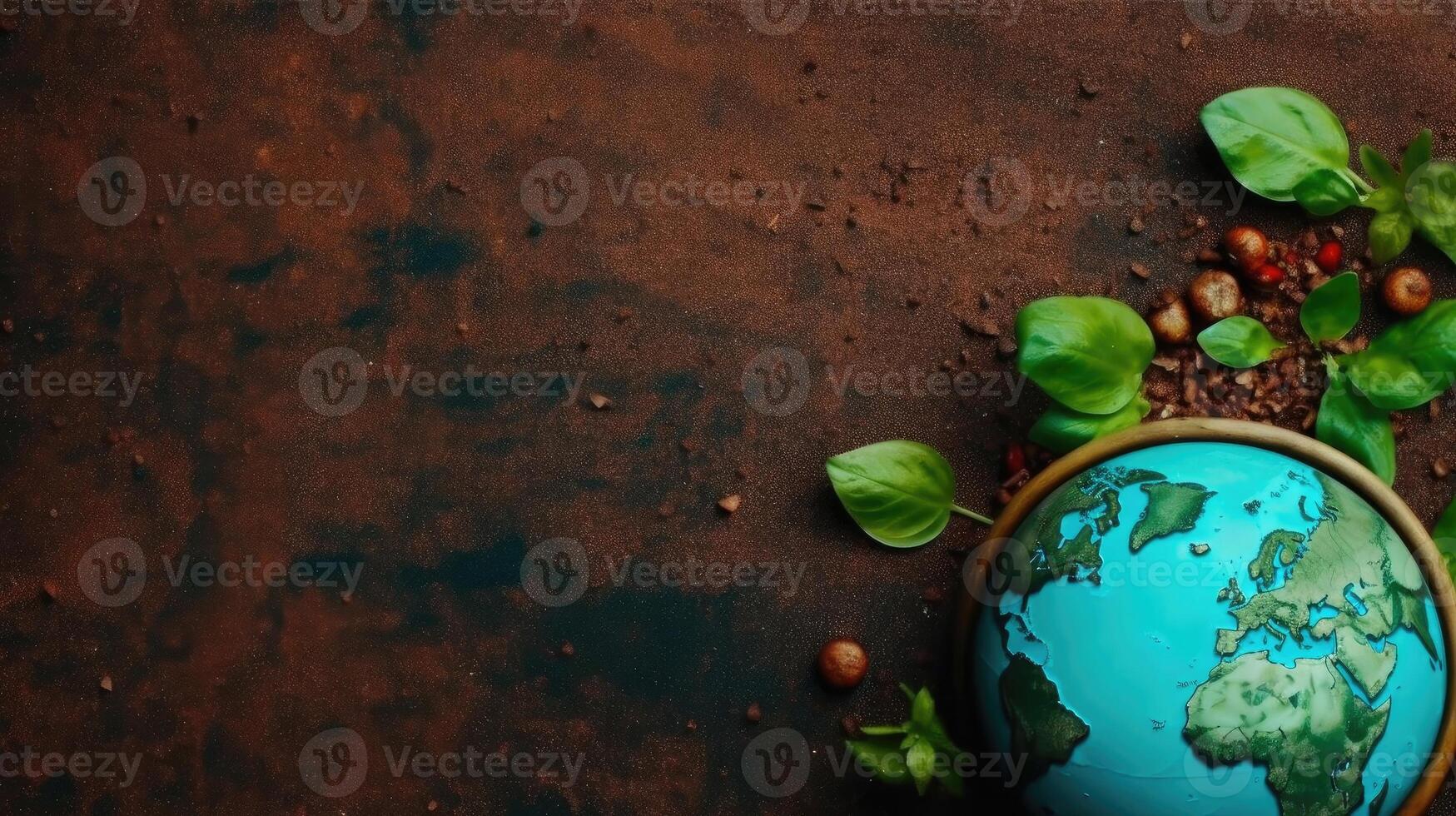 Haut vue de Terre journée bannière concept conception de végétaux, plante des graines et miniature Terre sur vert arrière-plan, ai génératif photo