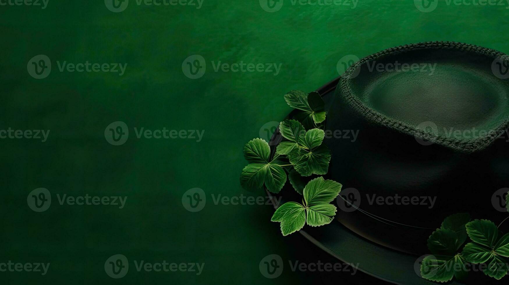 Haut vue de st patrick's bannière concept conception de vert chapeau et vert feuilles sur pastel arrière-plan, ai génératif photo