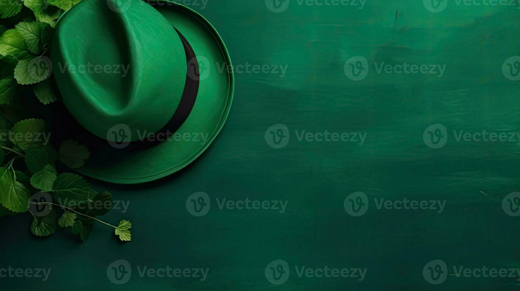 Contexte conception vente bannière pour st patrick's avec vert chapeau et vert feuilles, ai génératif photo