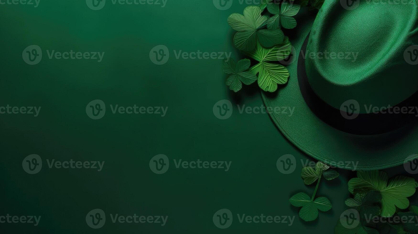 st patrick's pour vente bannière Contexte avec vert chapeau et vert feuilles sur vert pastel arrière-plan, ai génératif photo