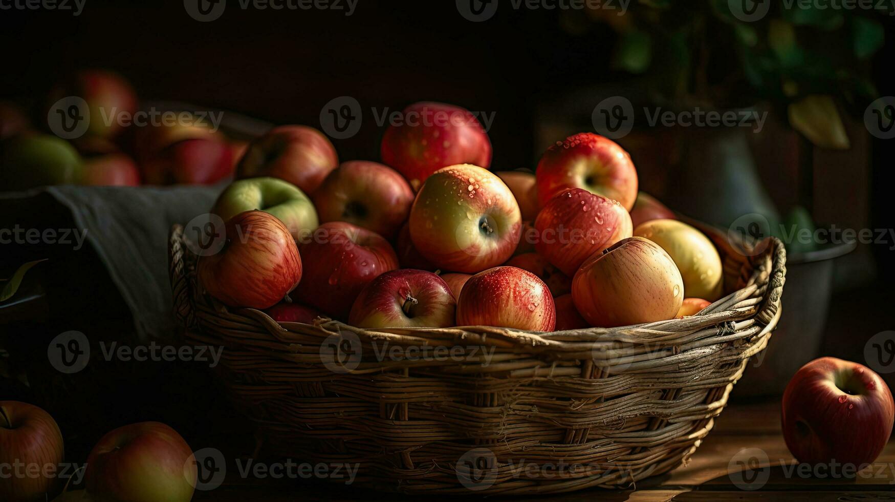 une bouquet de Frais rouge pommes dans une panier avec brouiller arrière-plan, ai génératif photo