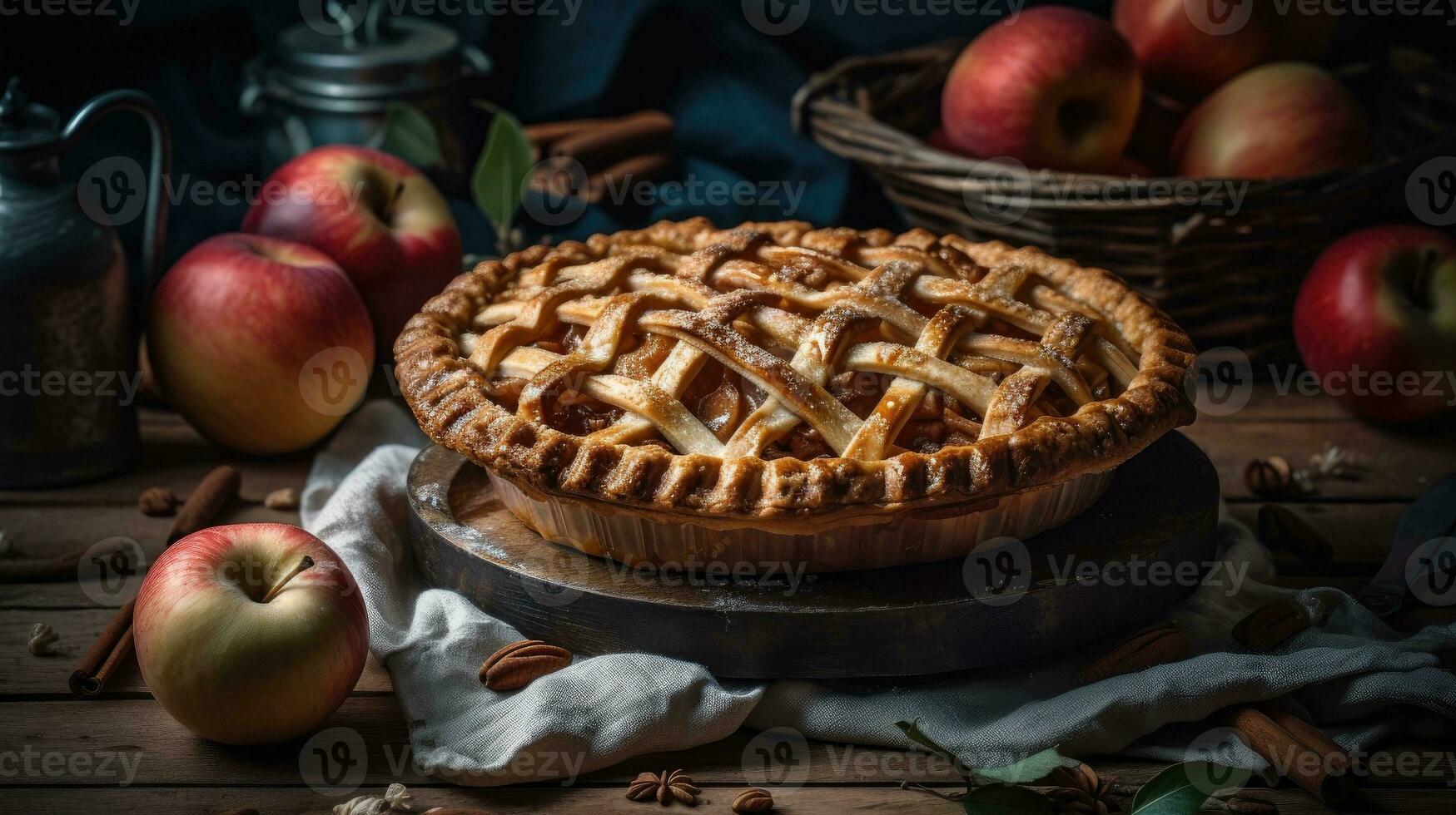 parfait visualisation angle de sucré Pomme tarte avec Achevée composition sur brouiller arrière-plan, ai génératif photo