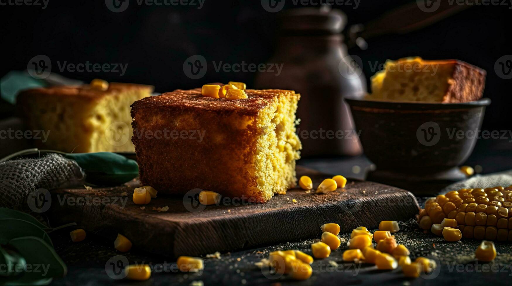 fermer duveteux gâteau pain au maïs sur bois assiette avec flou arrière-plan, ai génératif photo