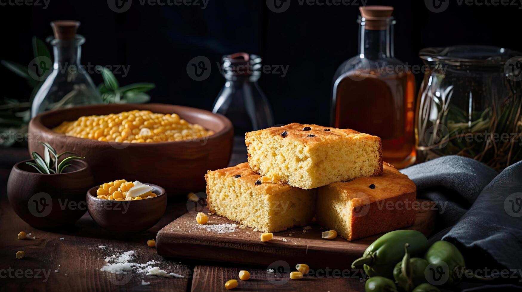 proche en haut duveteux gâteau pain au maïs sur bois assiette avec flou arrière-plan, ai génératif photo