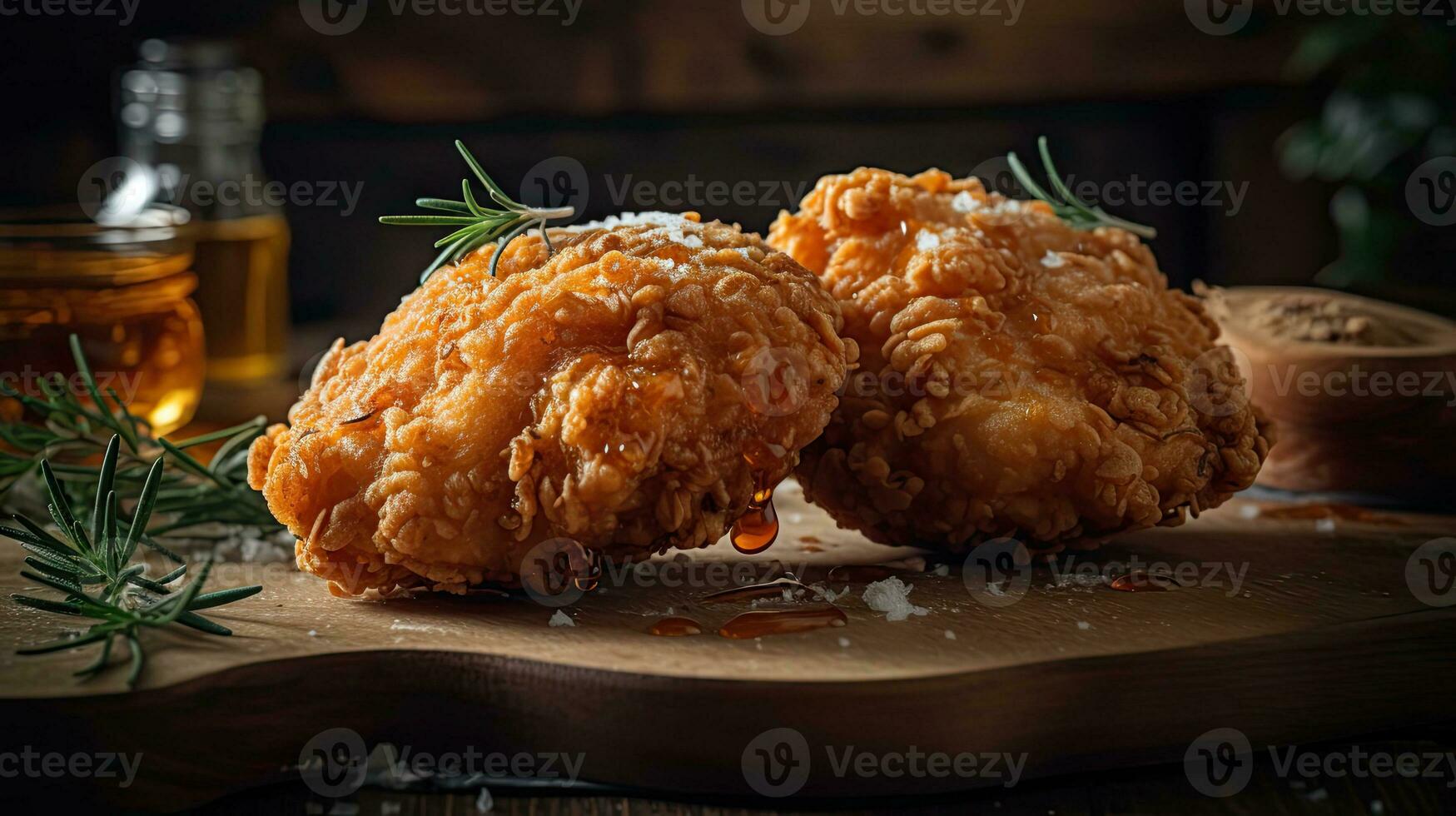 fermer croustillant frit poulet sur en bois assiette avec flou arrière-plan, ai génératif photo