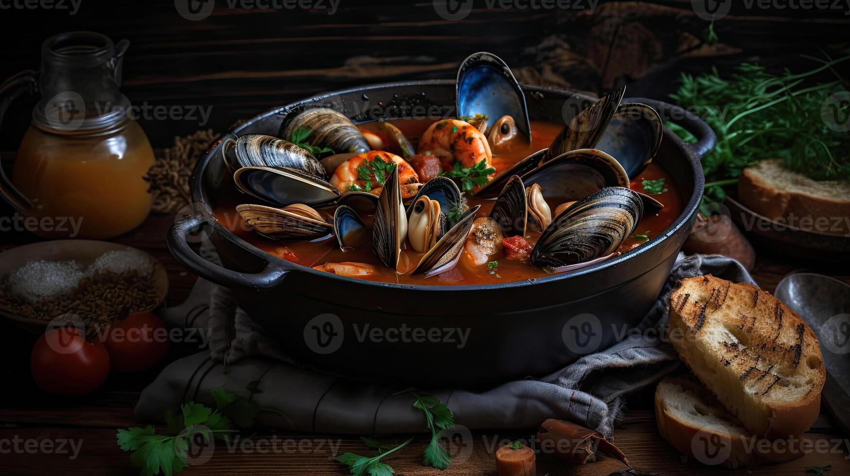 cioppino soupe avec palourde Viande sur une noir assiette et brouiller arrière-plan, ai génératif photo