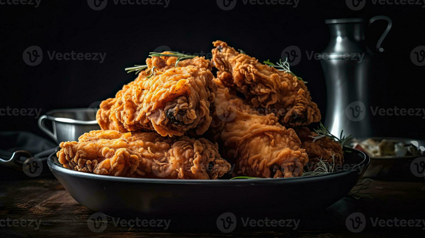 croustillant frit poulet sur en bois table avec brouiller arrière-plan, ai génératif photo
