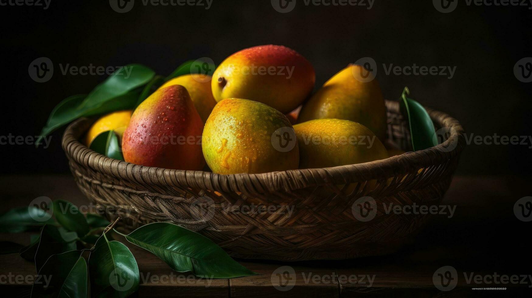 fermer Frais mangue des fruits dans une bambou panier avec flou arrière-plan, ai génératif photo