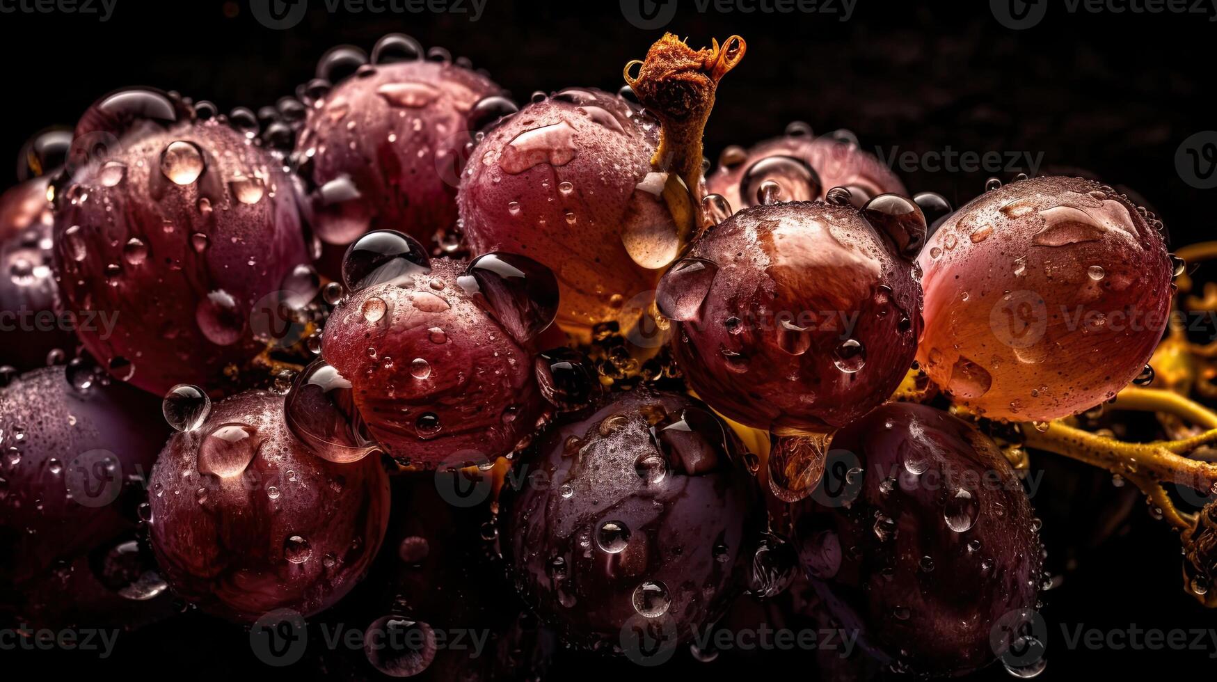 grain de raisin des fruits frappé par éclaboussures de l'eau avec noir brouiller arrière-plan, ai génératif photo