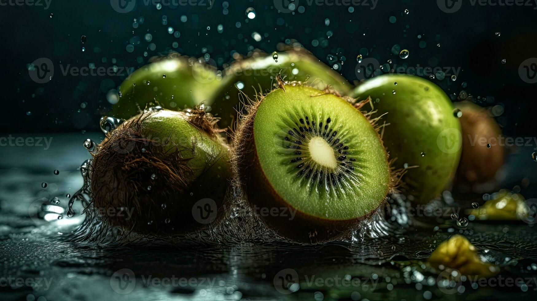 fermer kiwi frappé par éclaboussures de l'eau avec noir brouiller arrière-plan, ai génératif photo