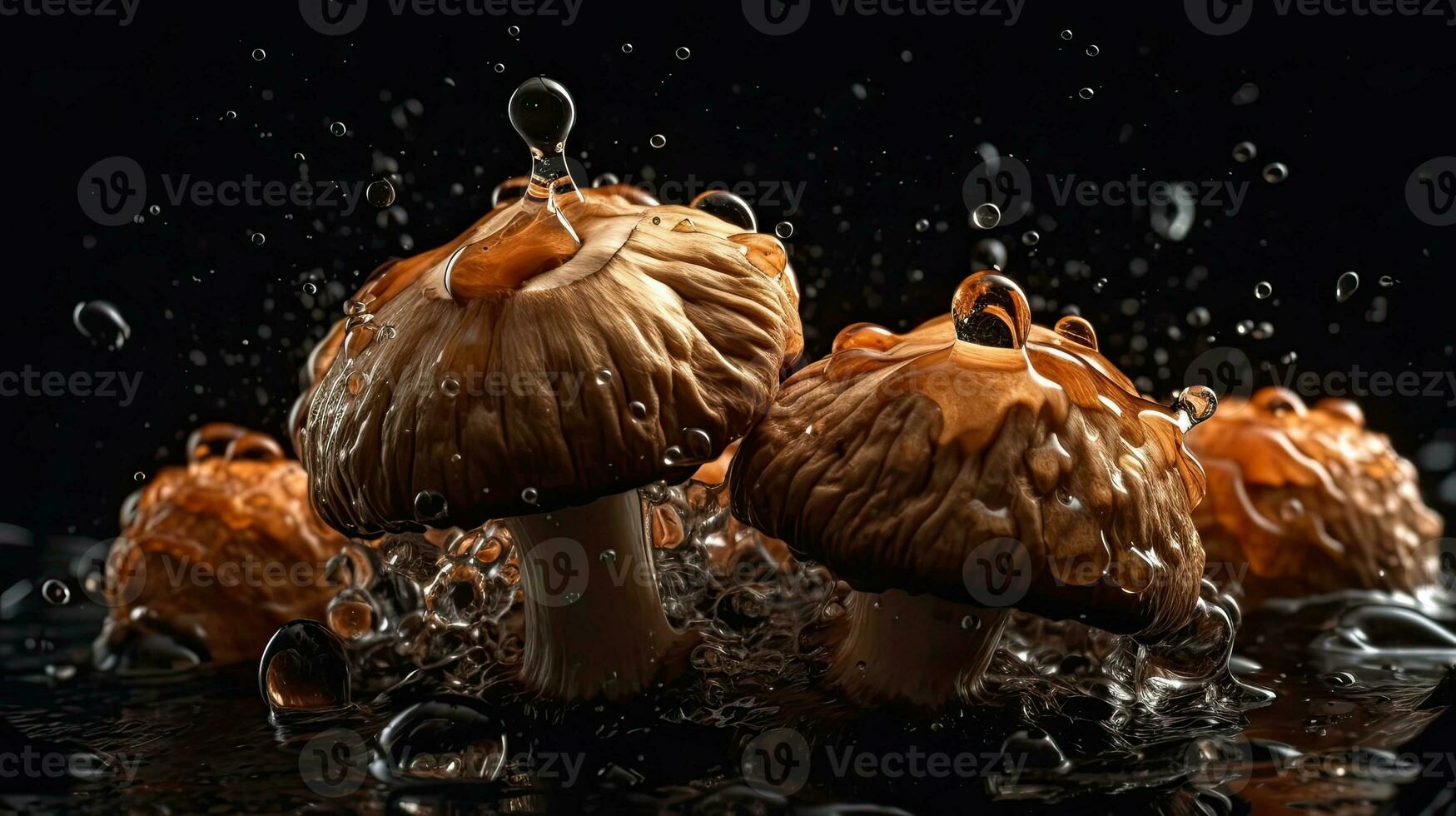 champignon frappé par éclaboussures de l'eau avec noir brouiller arrière-plan, ai génératif photo