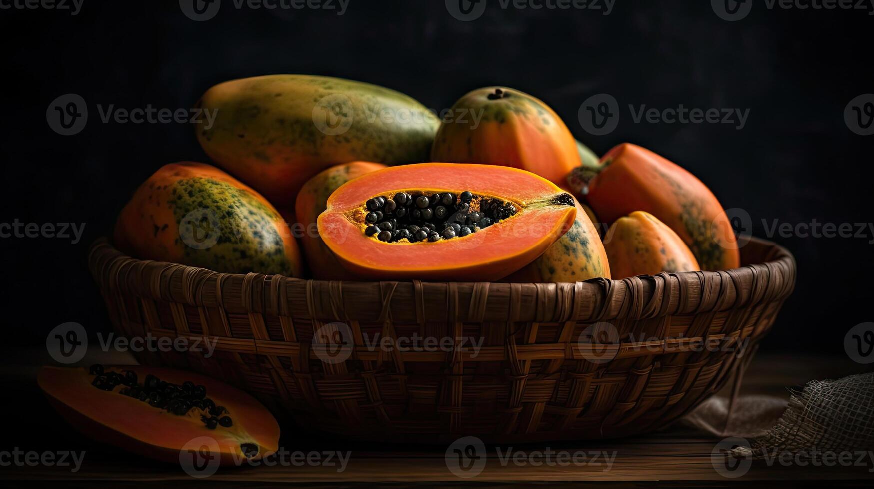 Papaye des fruits dans une bambou panier avec brouiller arrière-plan, ai génératif photo