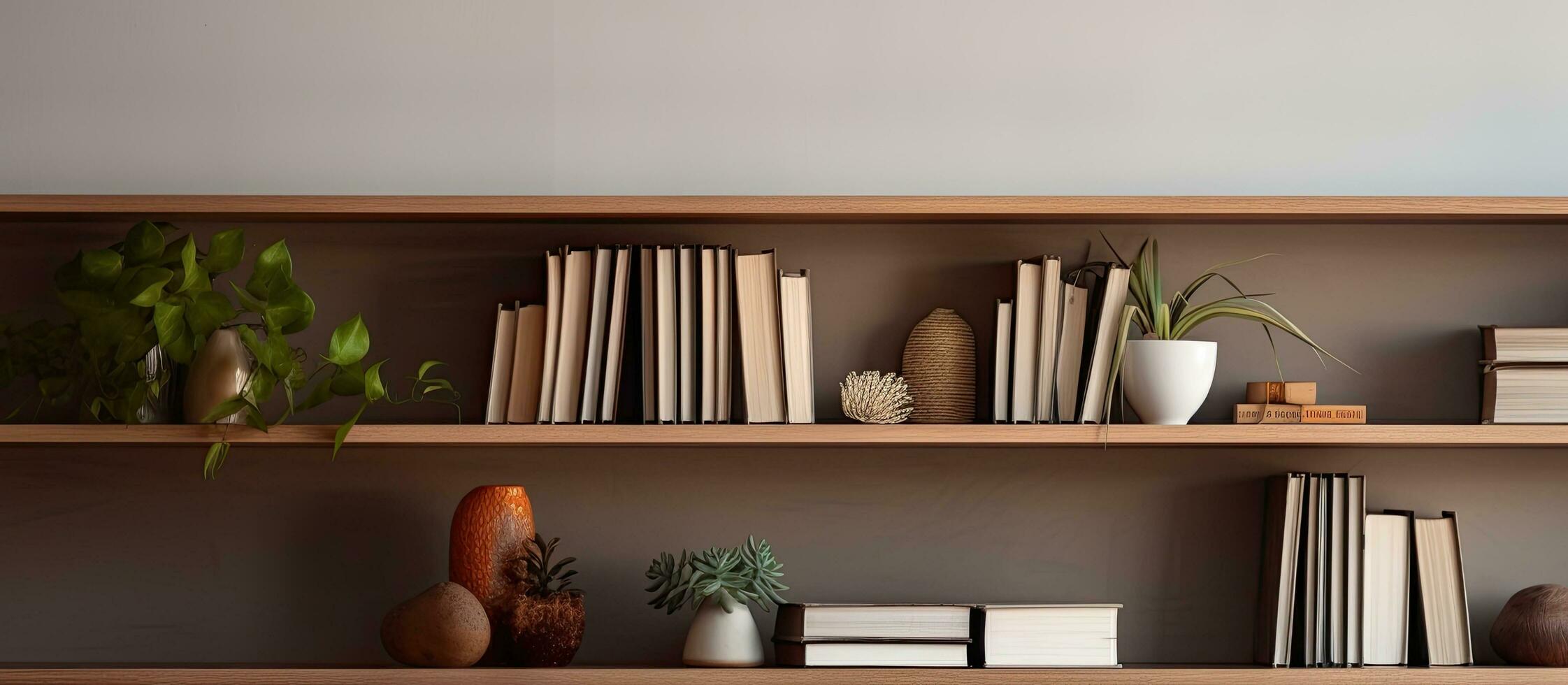 photo de une étagère à livres rempli avec livres et végétaux, création une confortable et attrayant atmosphère avec copie espace